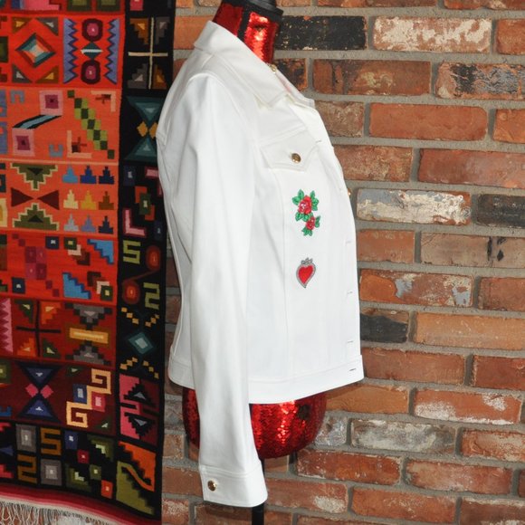 ESCADA White True Love Heart Rose Embroidered Denim Jacket Coat 36 - Picture 3 of 5